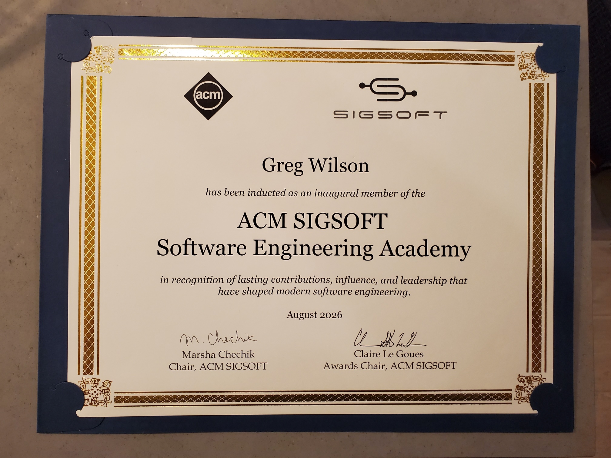 photograph of ACM SIGSOFT certificate