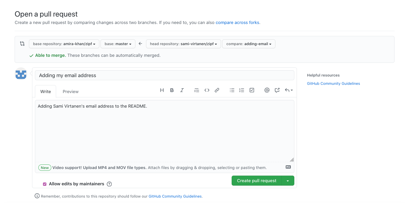 Filling in a pull request.