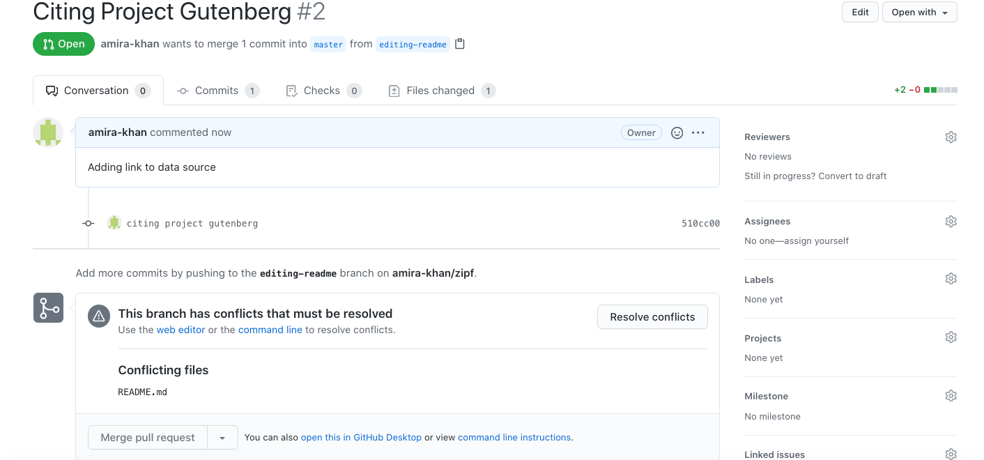 Showing a conflict in a pull request.