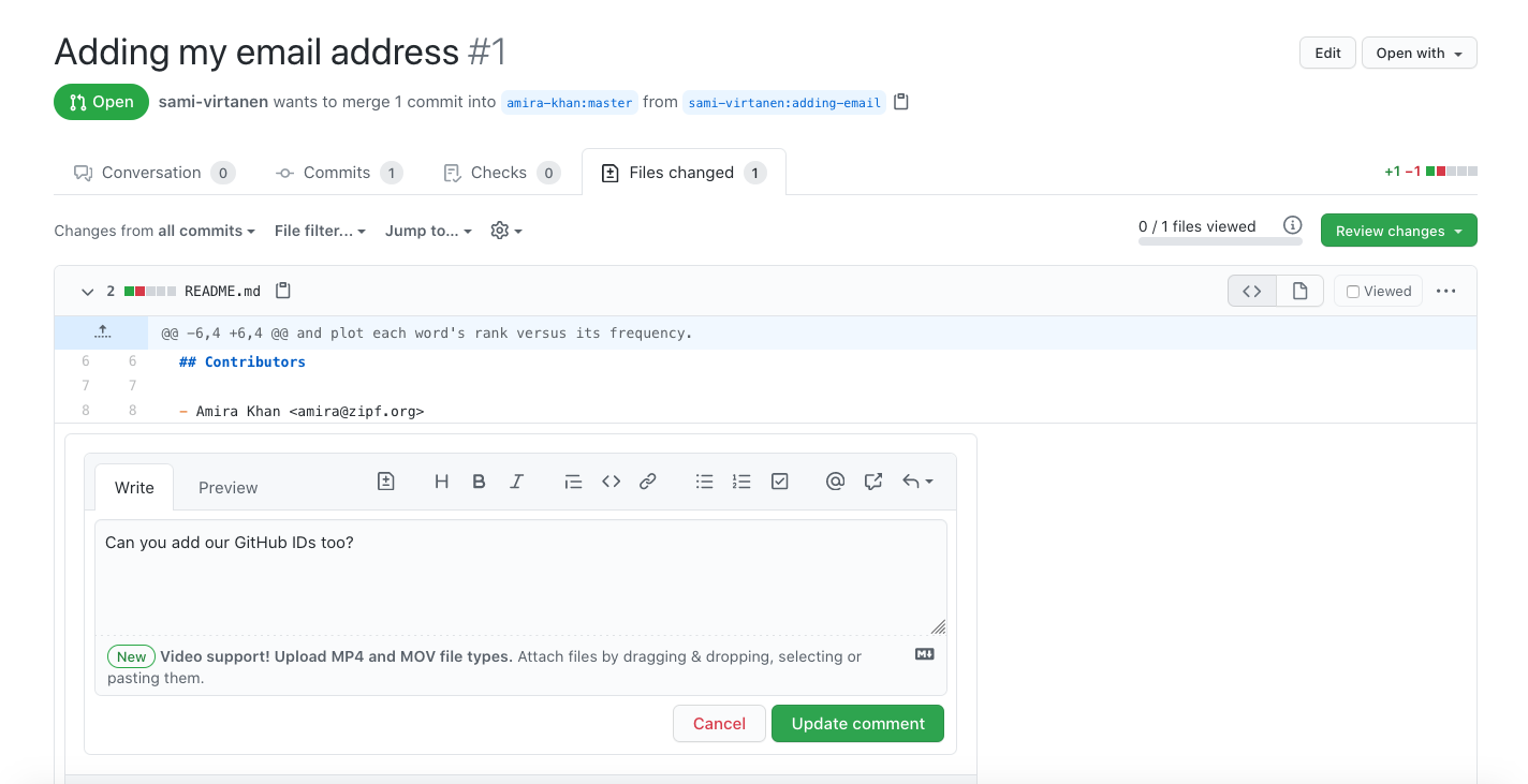 Writing a comment on a pull request.