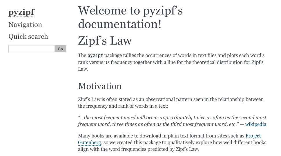 The new landing page showing the contents of README.rst.
