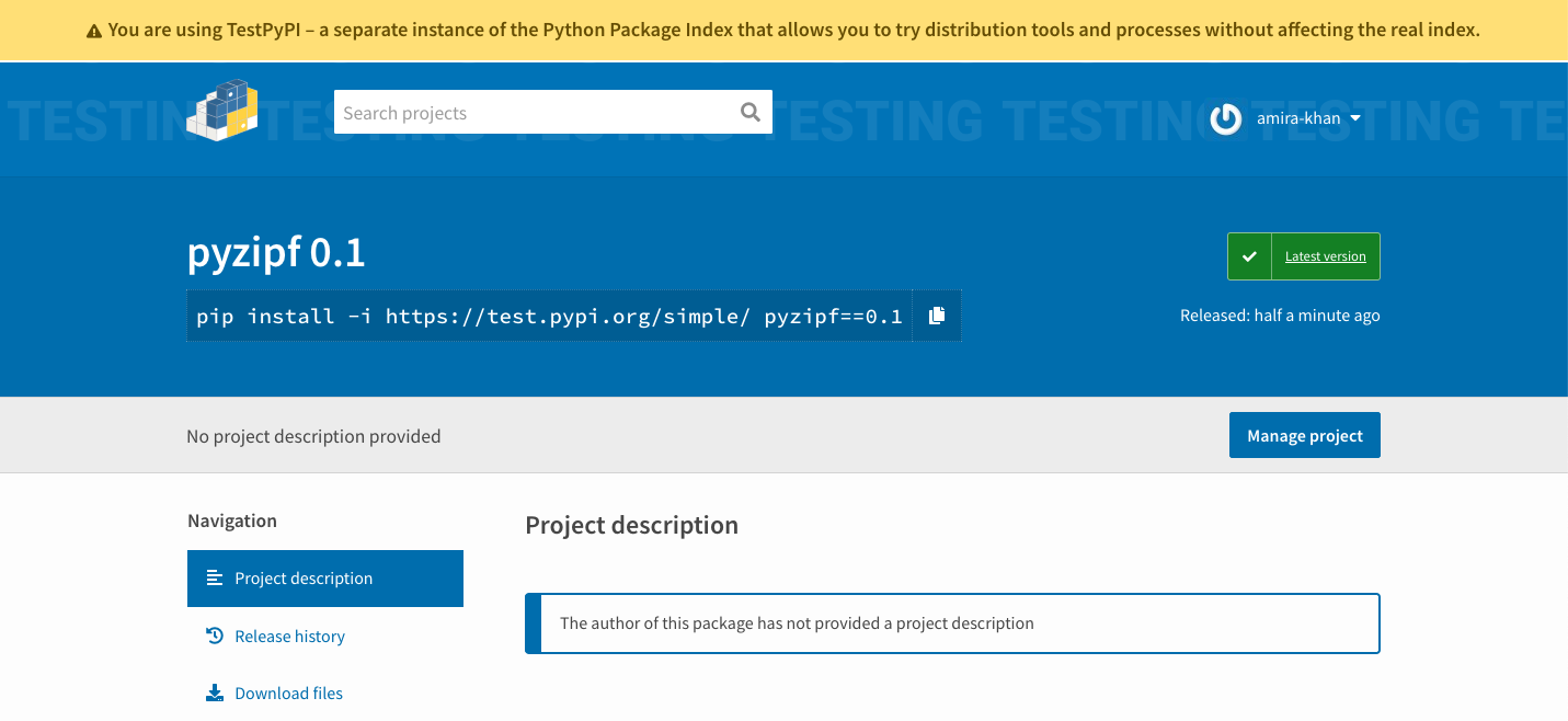 Our new project on TestPyPI.