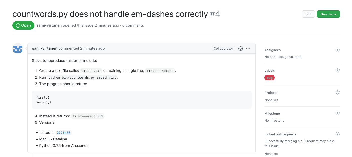 Example of a bug report.